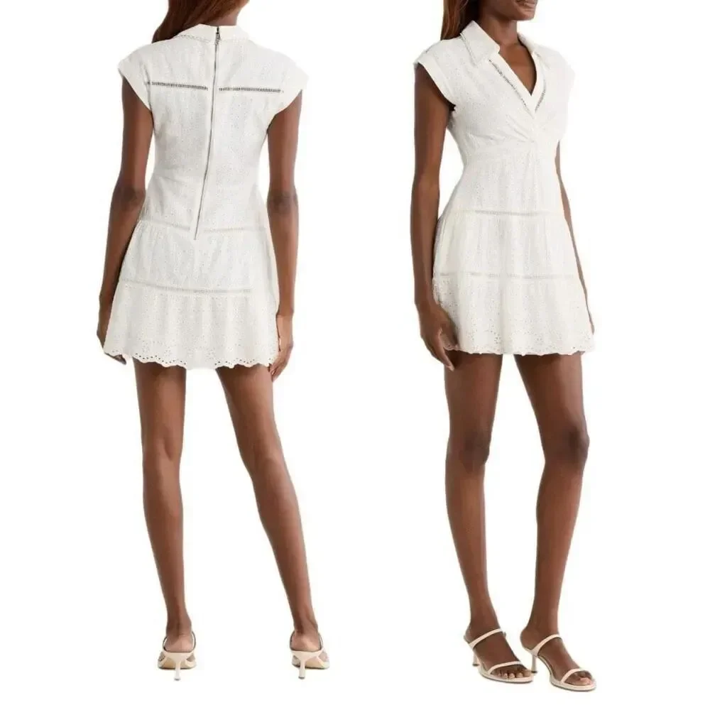 NWT Alice + Olivia deep-neck cotton and linen eyelet white dress Size 8